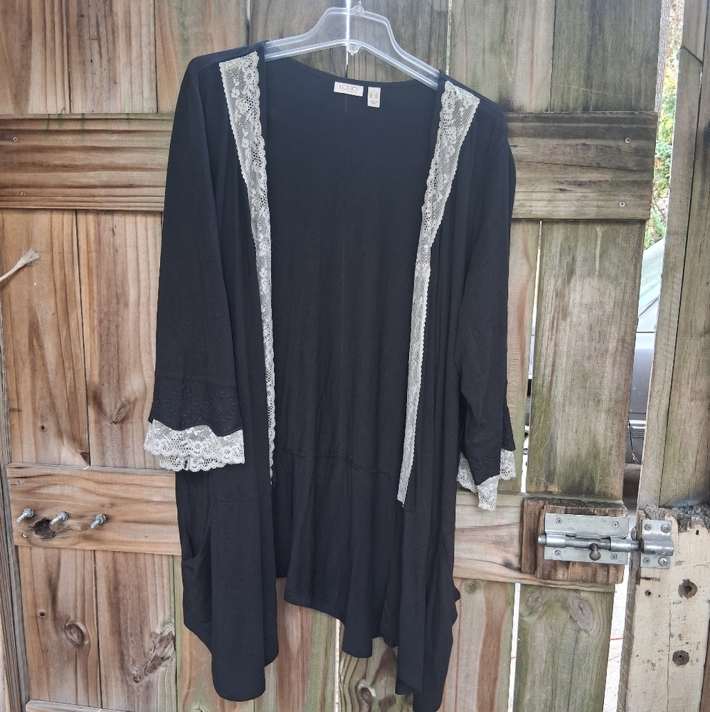 LOGO by Lori Goldstein Black Cardigan with Cream Lace Trim
